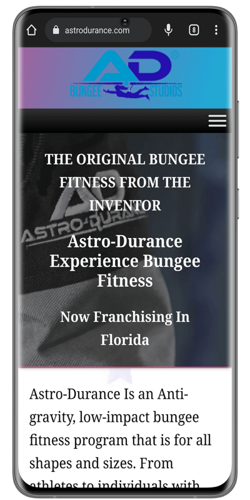 Responsive design of Astro-Durance bungee fitness website on mobile.