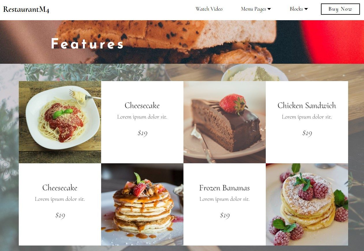 Modern menu for restaurant website