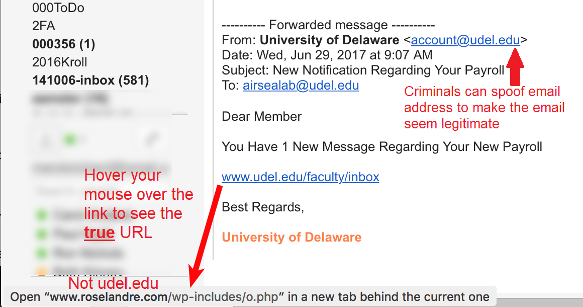 Screenshot of a deceptive email link for phishing awareness.