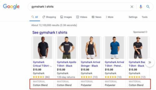 Google search results page for Gymshark T-shirts showing product listings and details.