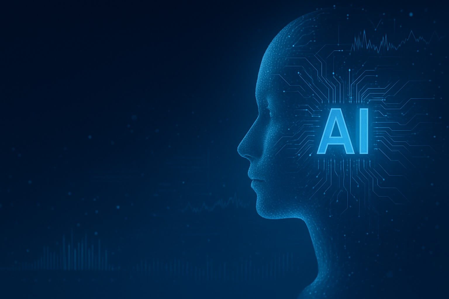 Stylized silhouette showcasing AI technology and data flow against a blue background.