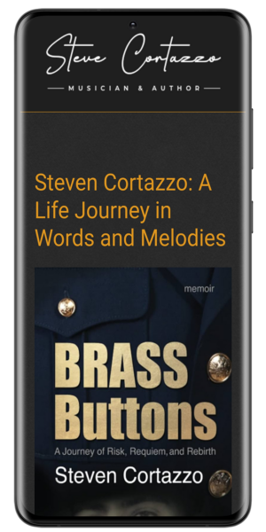 Steven Cortazzos Brass Buttons memoir cover on mobile display.