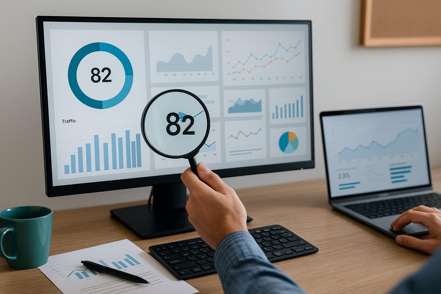 Data analysis workspace with dashboards, charts, performance score, and professional insights.