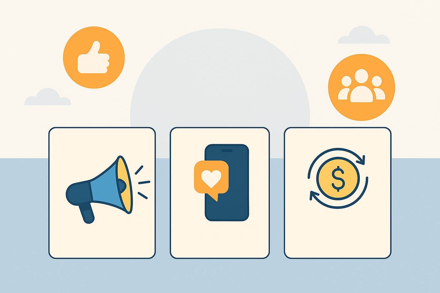 Digital marketing icons showing promotion, engagement, and revenue concepts in modern communication.