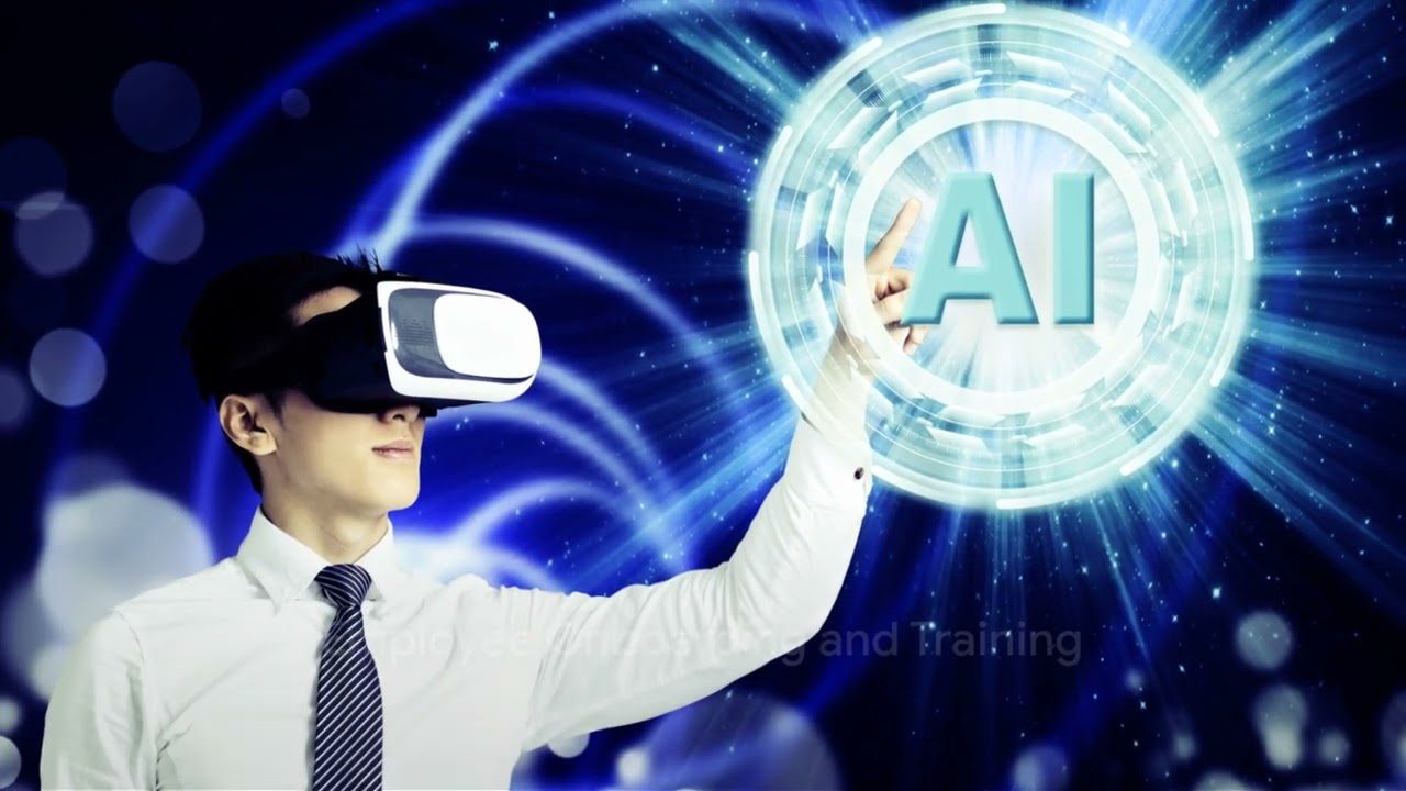 Businessman in VR headset engaging with advanced AI interface in a futuristic setting.