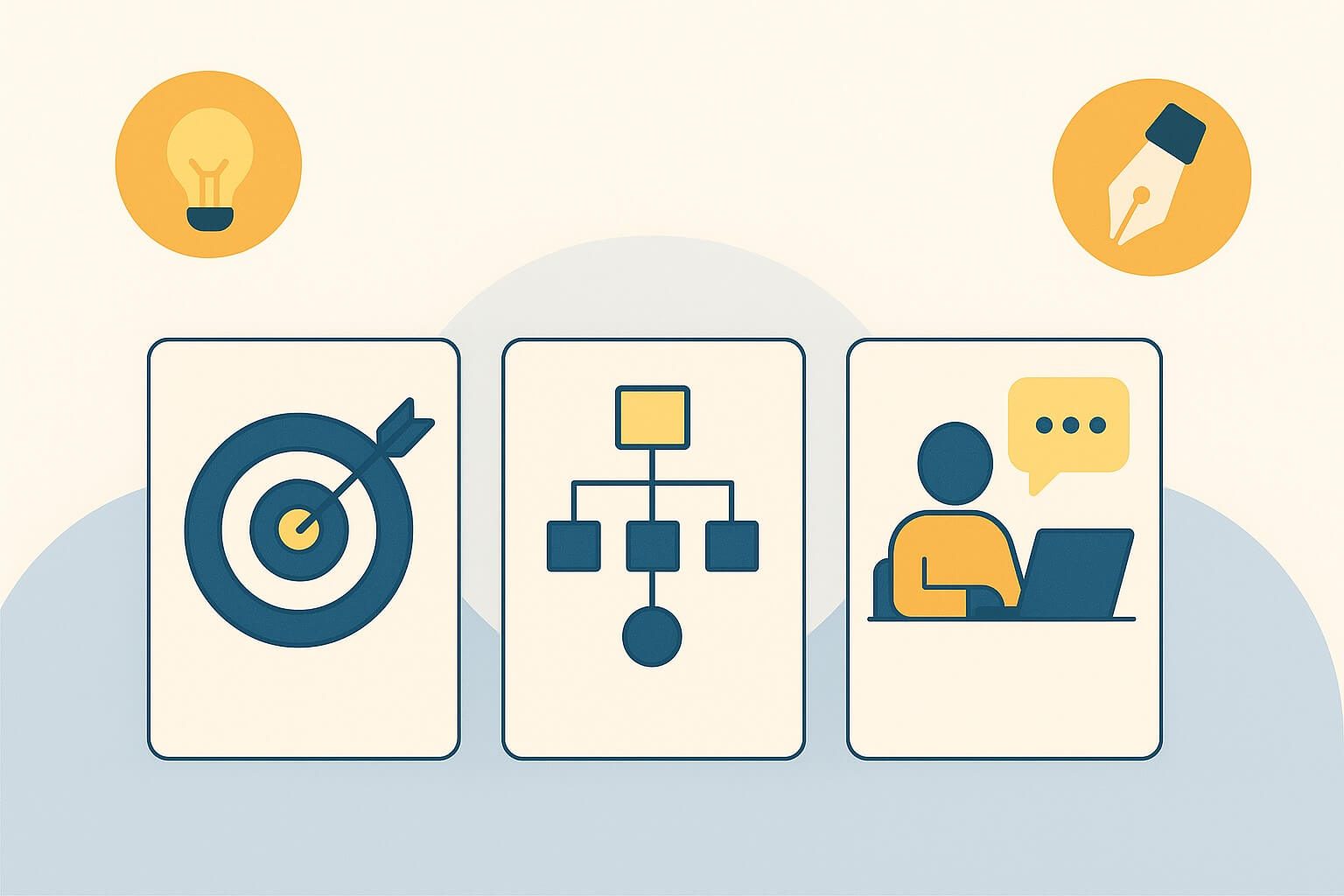 Teamwork, goal setting, strategic planning, and digital communication illustrated in a minimalist design.