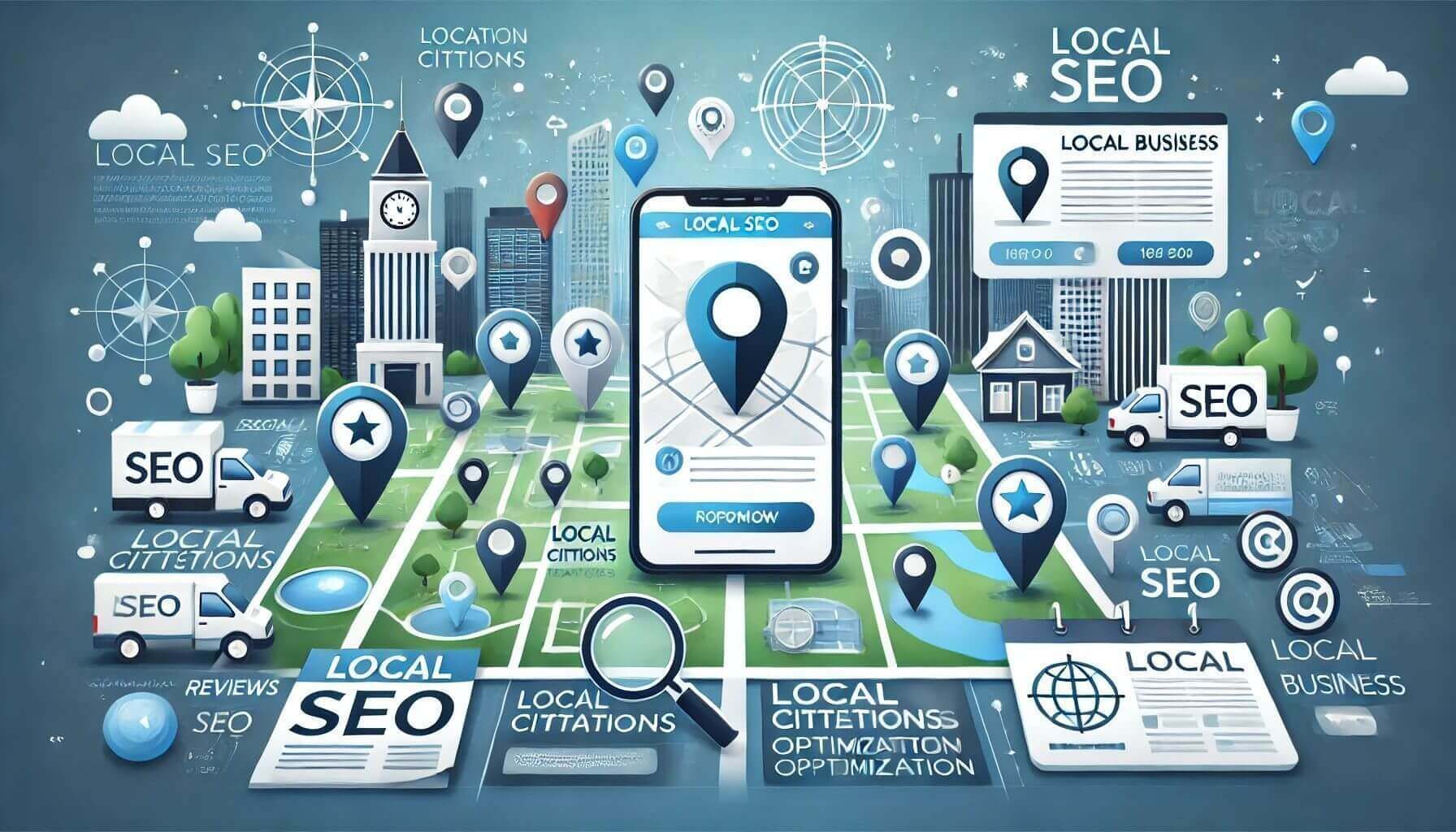 Local SEO strategies in a cityscape with map pins and mobile devices.