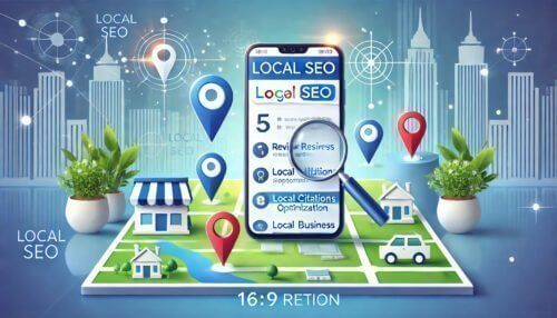 Digital illustration of local SEO strategies featuring smartphone, map with location markers, and cityscape.