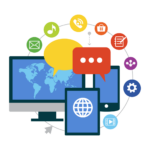 Modern digital communication devices showcasing global connectivity and interactive engagement icons.