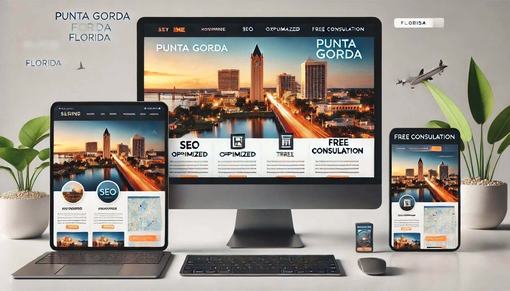 Modern devices displaying Punta Gordas website, featuring vibrant visuals and responsive design.