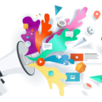 Modern megaphone broadcasting vibrant media icons and abstract shapes representing digital communication.