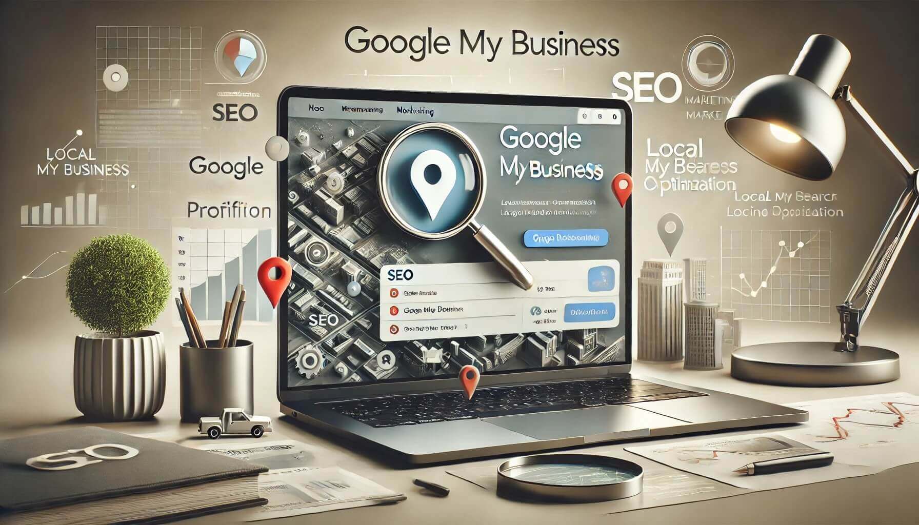 Organized digital marketing workspace showcasing Google My Business and SEO strategies for business growth.