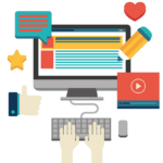 Digital content creation with interactive elements, social media icons, and multimedia representation.