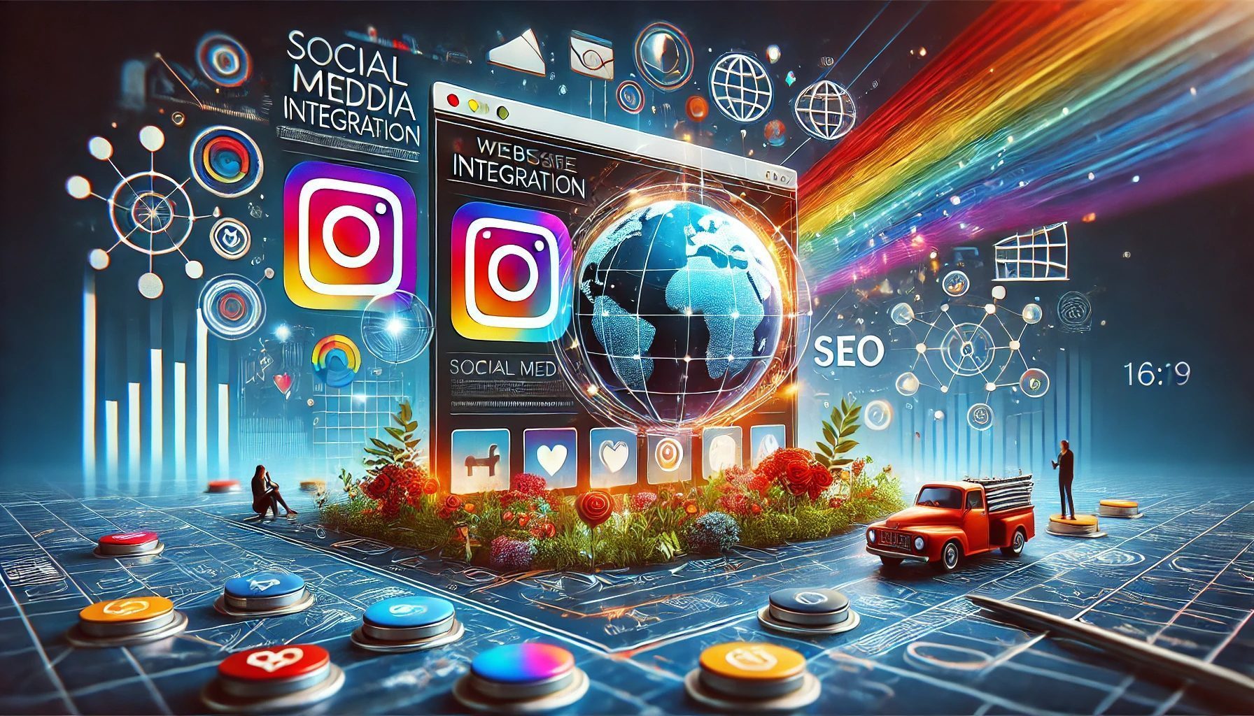 Vibrant digital illustration highlighting social media integration, digital connectivity, and SEO significance.