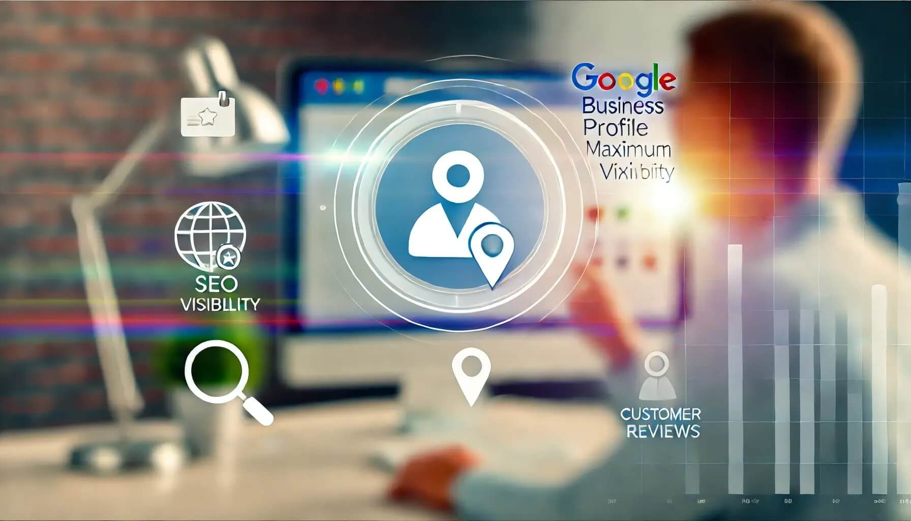 Modern digital marketing workspace showcasing Google Business Profiles, SEO tools, and customer engagement strategies.