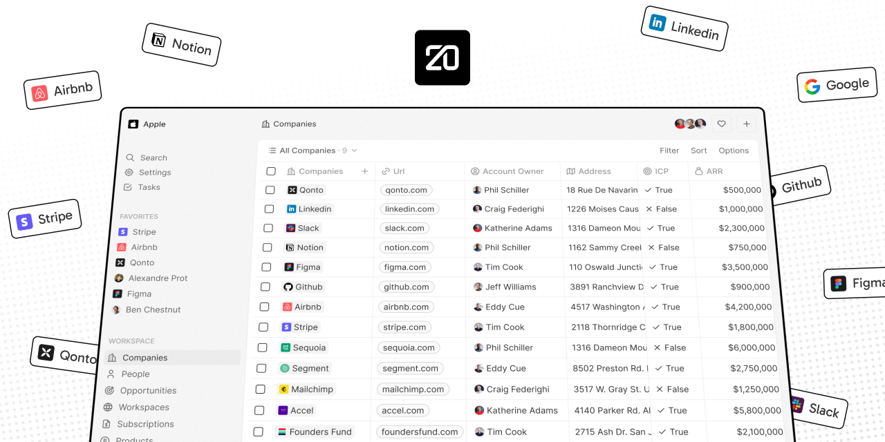 Digital workspace management app with company data table and sidebar for navigation.