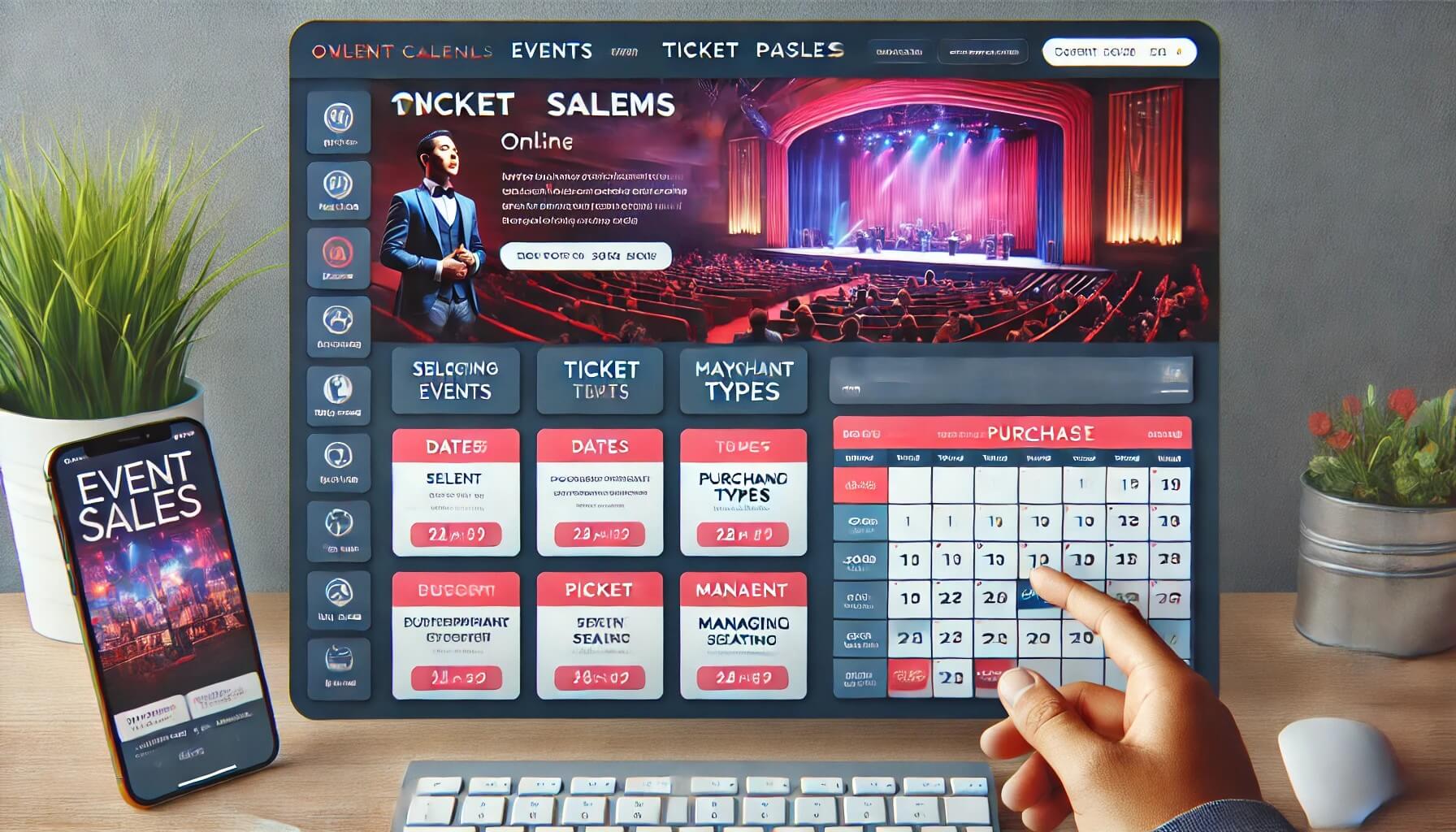 Online ticket sales interface on desktop and mobile, featuring event and date selection.