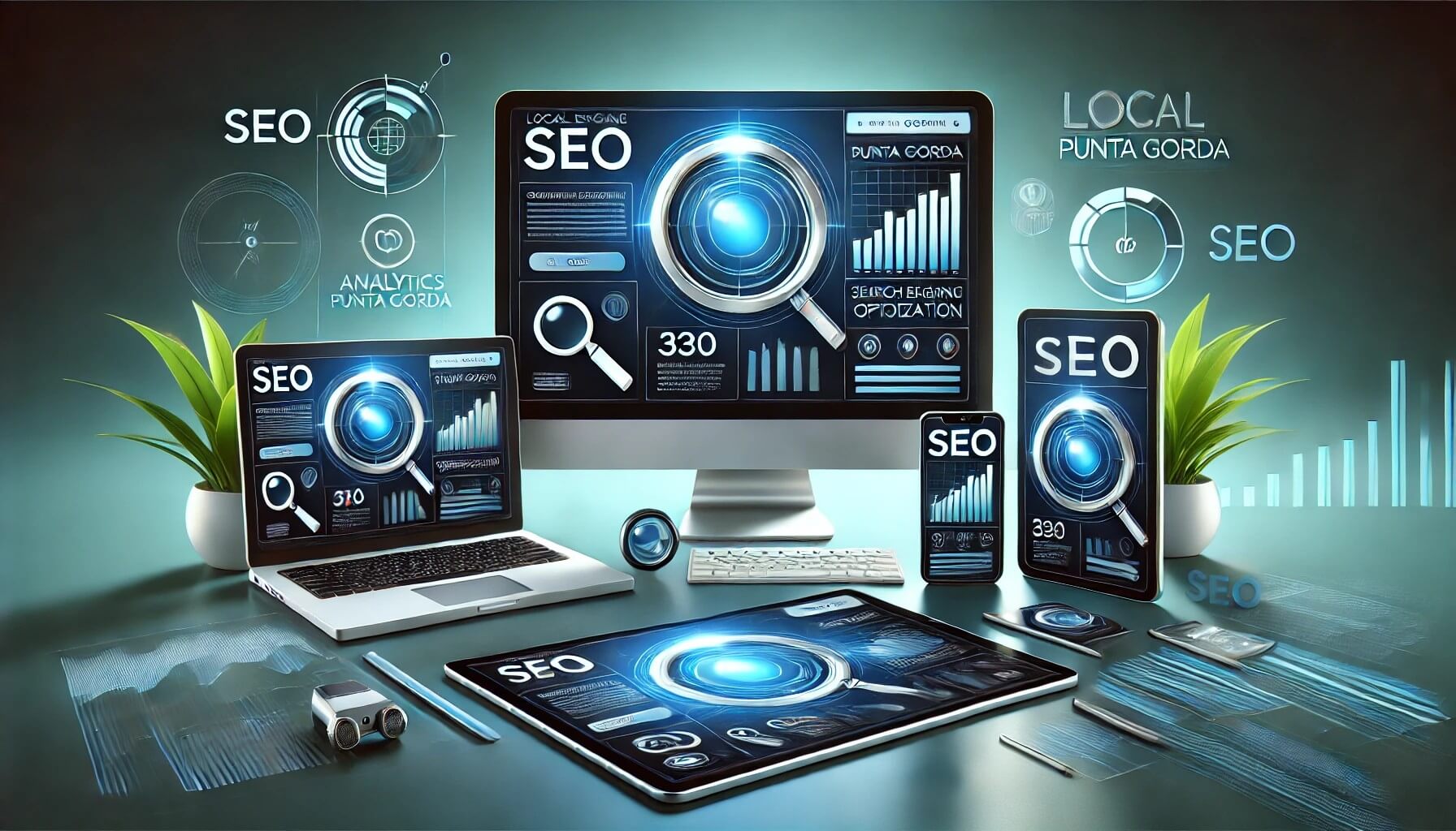 Futuristic SEO digital workspace with analytics on multiple devices and organic elements for balance.