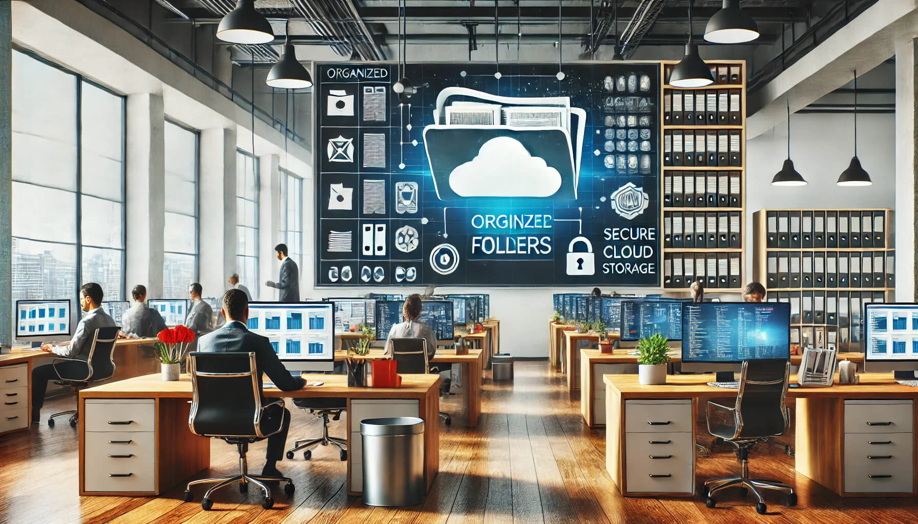 Modern office workspace featuring bright, collaborative areas and high-tech organization for productivity.