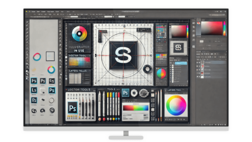 Graphic design workspace featuring logo, tools, color picker, and layered editing software interface.
