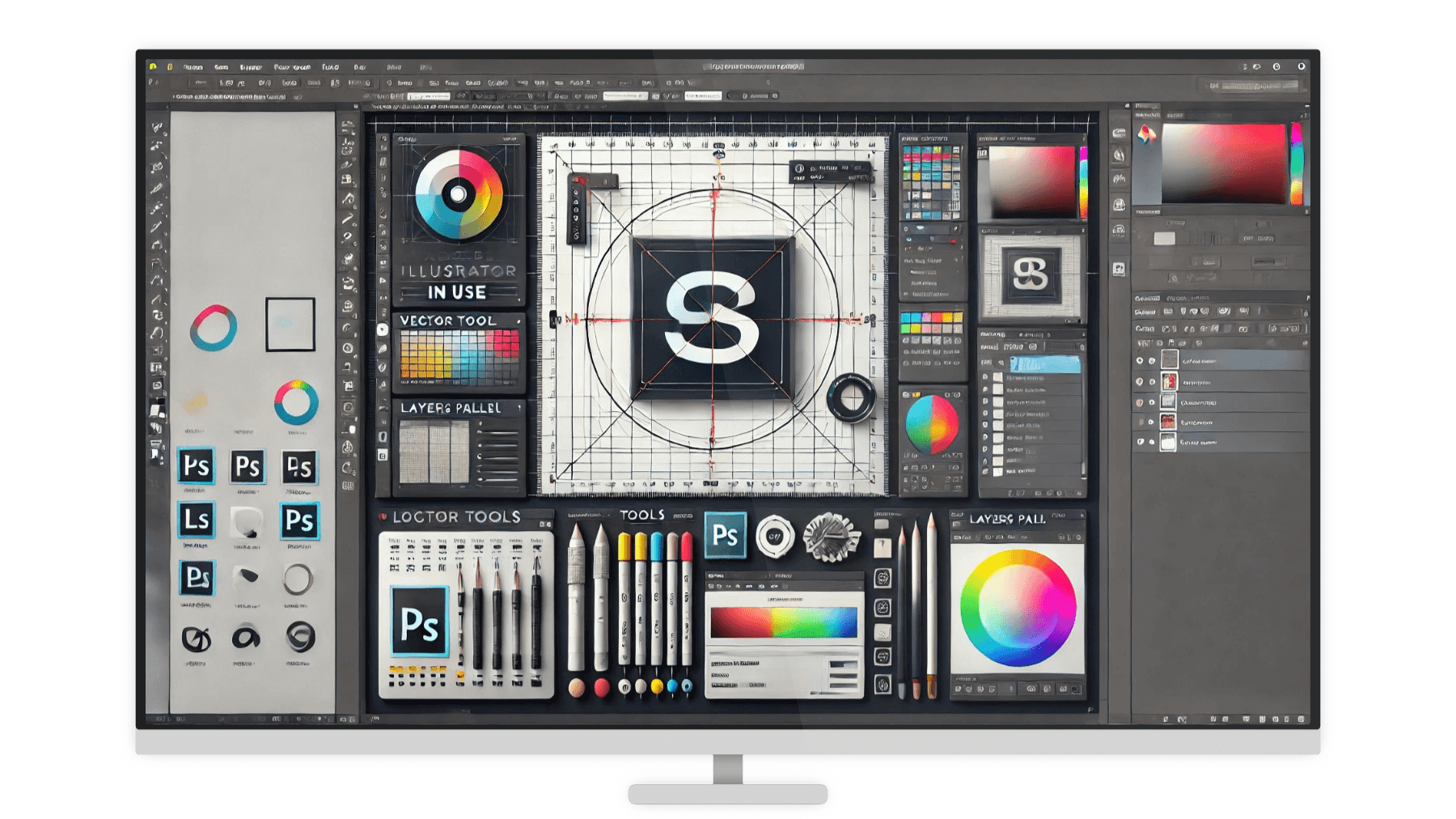 Graphic design workspace featuring logo, tools, color picker, and layered editing software interface.