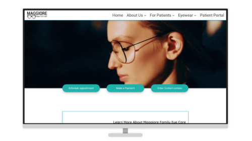 Maggiore Family Eye Care homepage featuring stylish eyewear and user-friendly services for eye care.