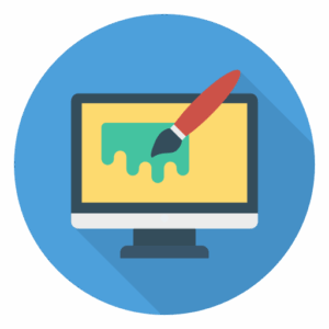 Digital art creation icon with paintbrush, colorful splash on computer screen, symbolizing graphic design and creativity.