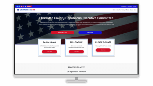 Charlotte County Republican Committee website with patriotic American flag, navigation, donation, and voter registration buttons.