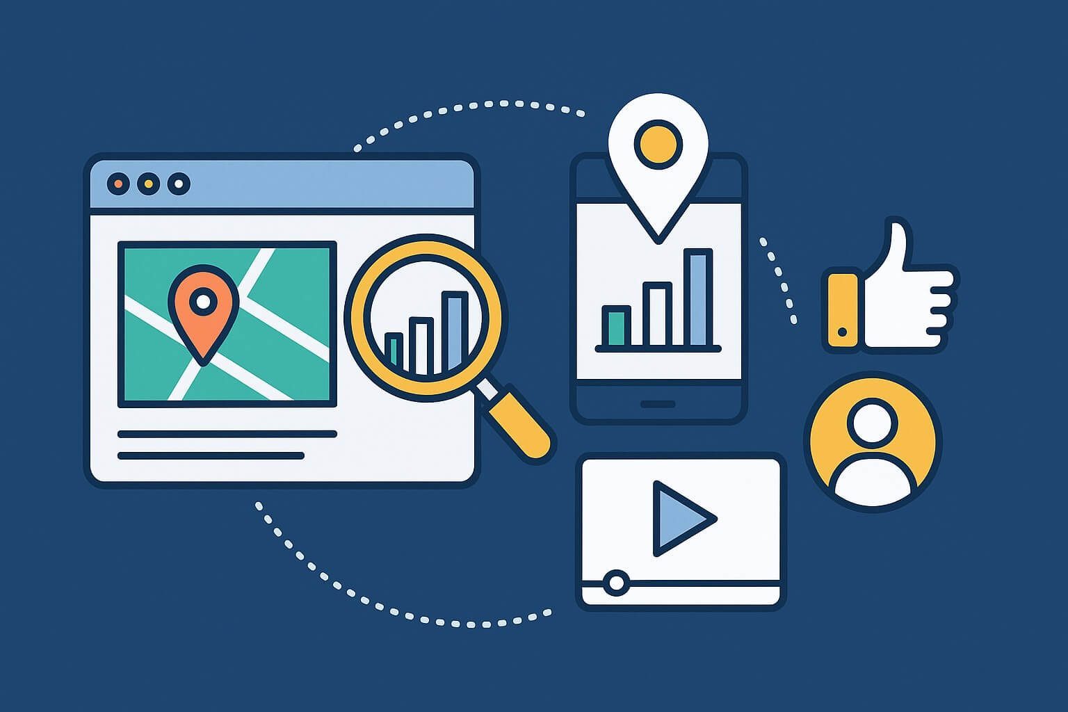 Digital map data analytics dashboard with mobile charts, user icons, and social engagement icons.