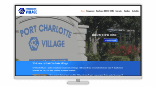 Port Charlotte Village community webpage showcasing 55+ Florida retirement homes and amenities.