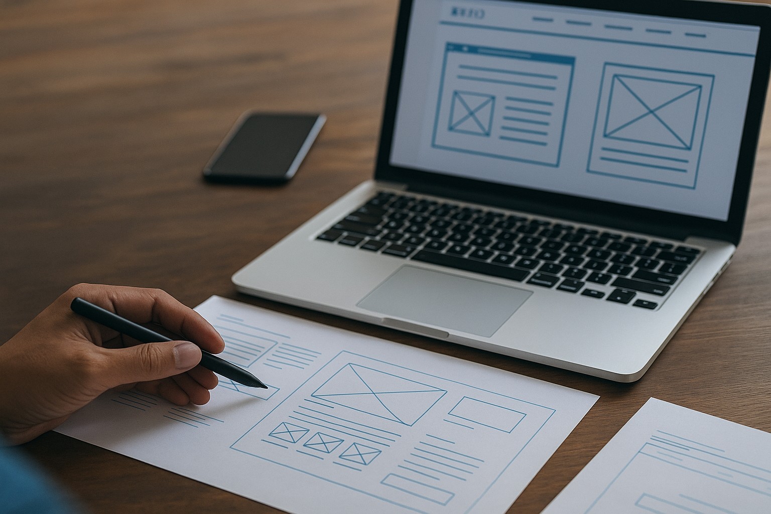 Person designing website wireframes with paper sketches, laptop, and smartphone on wooden desk.
