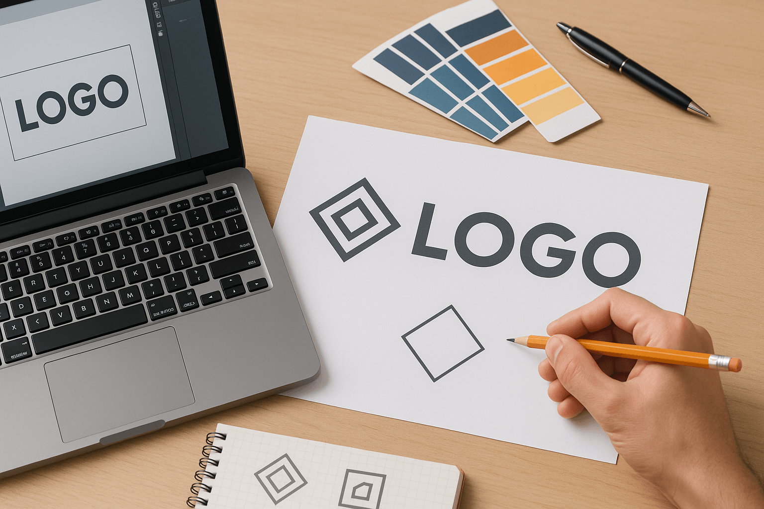 Branding design workspace with logo drafts on paper, laptop, color swatches, pencil, and notebook.