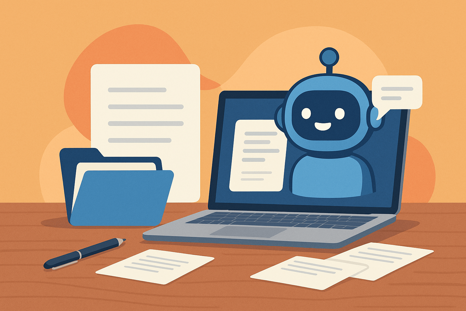 Desk workspace with laptop and friendly blue AI chatbot, papers, folders, and orange gradient background.
