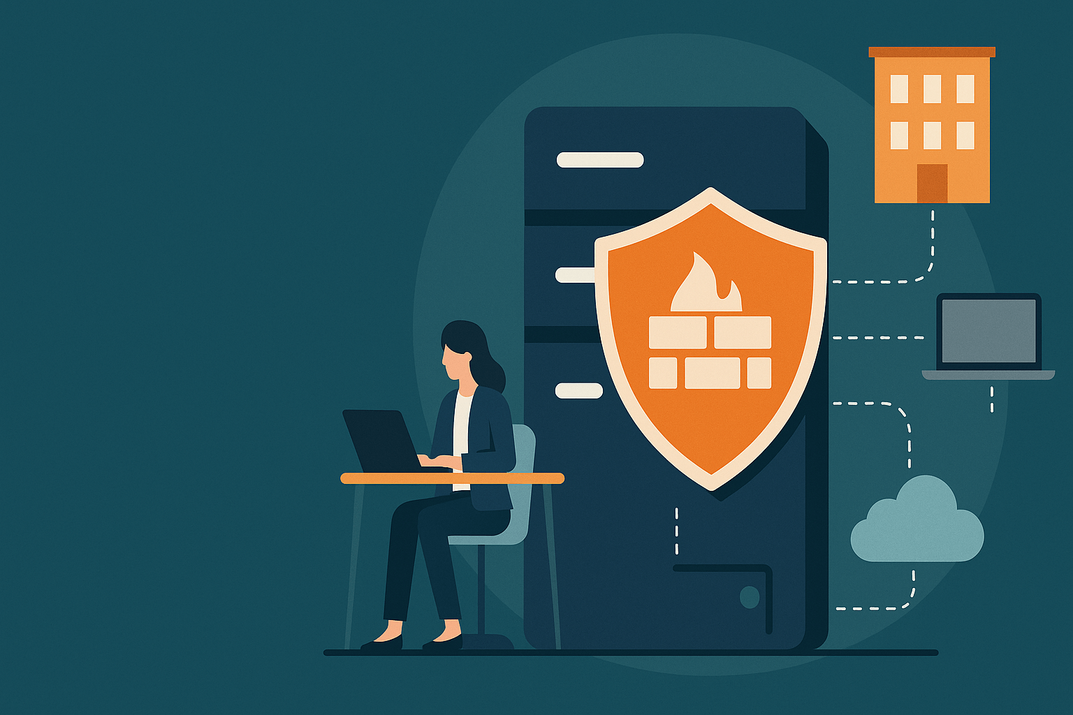 Cybersecurity firewall cloud data protection: IT security, office worker at desk near vault and network.