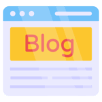 Pastel blog UI banner with a yellow Blog headline, pink typography, and purple article lines.