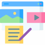 Flat vector browser workspace with landscape tile, pink video tile, sticky note, and pencil.