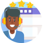 Smiling customer support agent wearing yellow headset and friendly service.