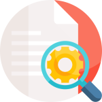 Document analysis icon with gear and magnifying glass for data inspection.