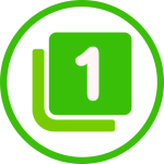 Lime-green circular badge with number 1 on a rounded square, level one beginner UI indicator.