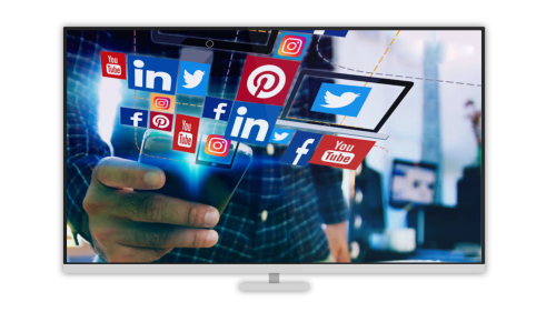 Social media icons displayed on a smartphone and computer monitor screen.