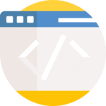 Modern web coding icon with browser header and code brackets symbol.