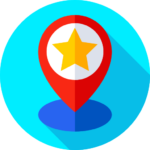 Location pin icon with a gold star on turquoise background and blue shadow.