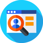 Magnifying glass searching user profile on browser window icon for recruitment and HR software.