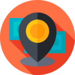 Modern map pin icon with orange background and teal financial card elements.