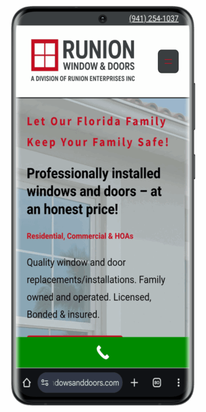 Runion Window & Doors mobile site with Florida window installation and family-owned services.