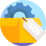 SEO concept icon with an open box and blue gear symbolizing optimization process.