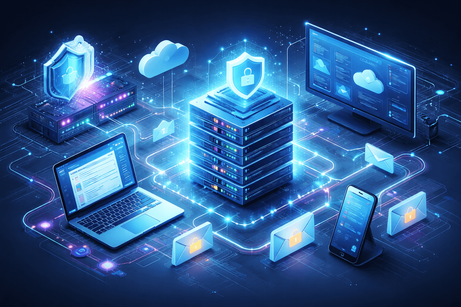 Futuristic blue cybersecurity data center with shielded servers, cloud security dashboard, and encrypted communications.