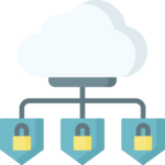 Cloud security icon with shields, padlocks, encrypted network endpoints, and centralized cloud computing.