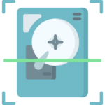 Hard drive scan icon with HDD platter, actuator arm, and scanning beam for disk diagnostics.