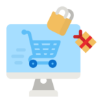 Online shopping cart icon on computer monitor with bag and gift, ecommerce deals and checkout.